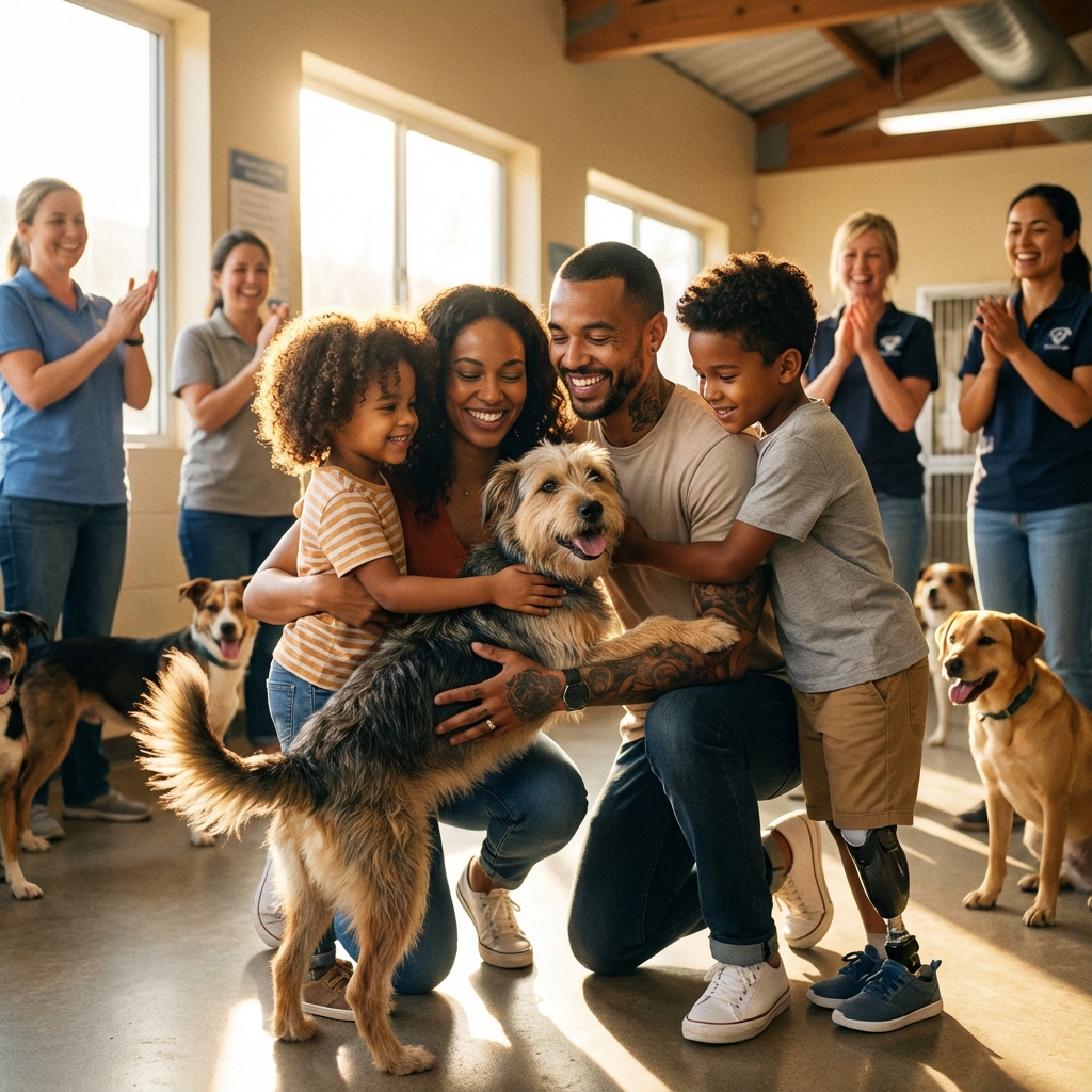 Un chien heureux avec son nouveau propriétaire dans un parc, après une adoption réussie