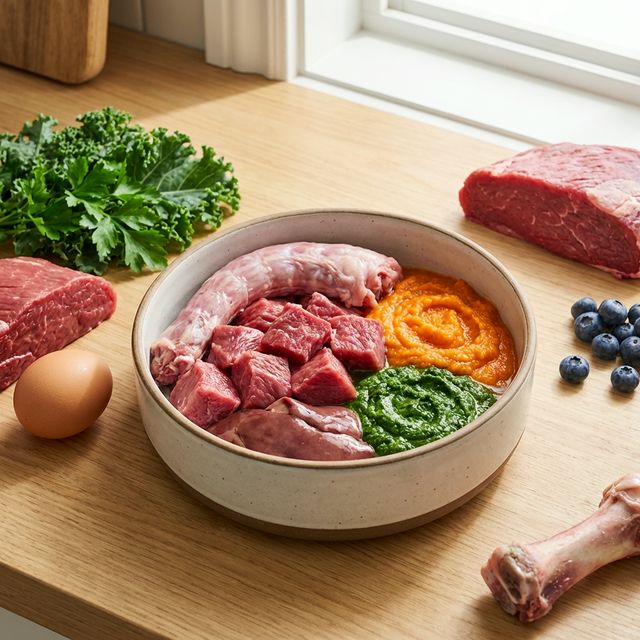 Bol d'alimentation BARF avec viande crue, légumes et os pour chien