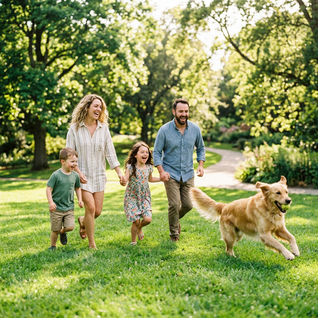 Famille heureuse jouant avec leur chien adopté dans un parc
