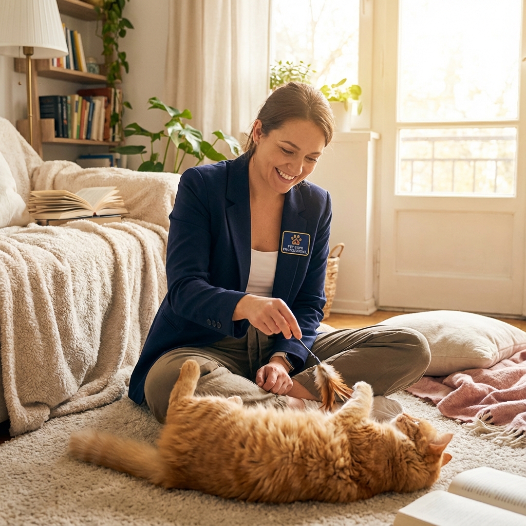 Un pet-sitter professionnel jouant avec un chat dans un salon confortable