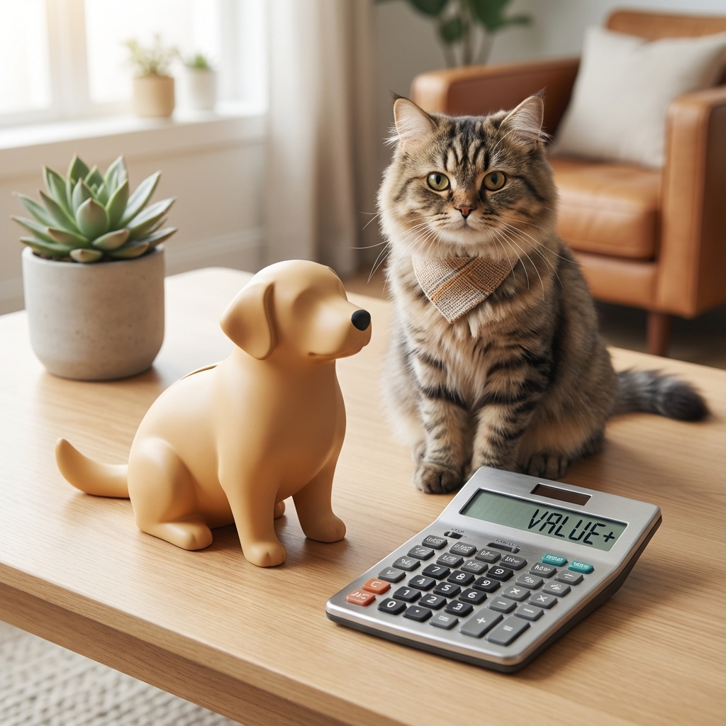 Calculatrice avec tirelire et un chien curieux, représentant les tarifs pet-sitting